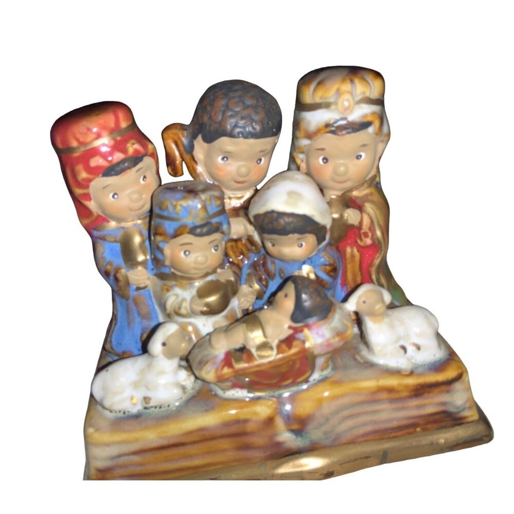 Handcrafted Small Ceramic Nativity Scene Figurine w/ Adorable Characters & Sheep